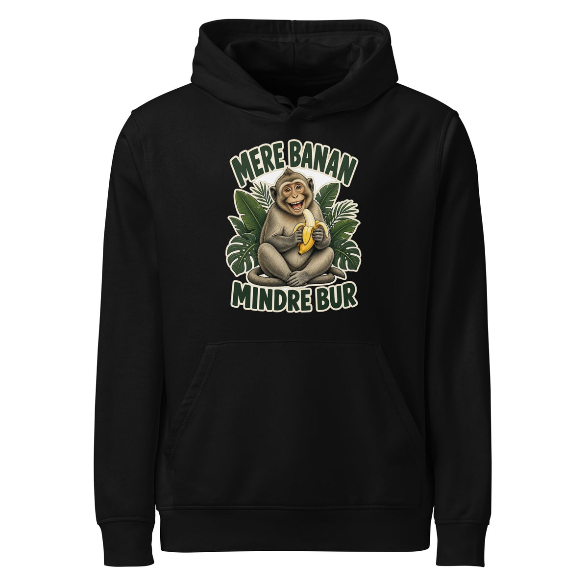Hættetrøje med teksten Mere banan, mindre bur og en glad abe med en banan i farven sort, set forfra