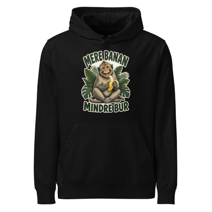 Hættetrøje med teksten Mere banan, mindre bur og en glad abe med en banan i farven sort, set forfra