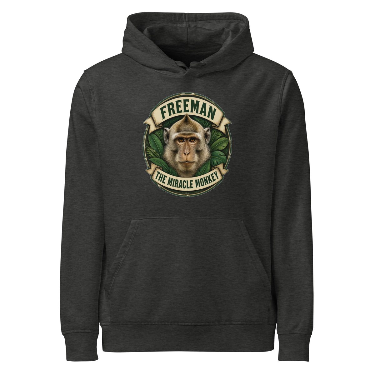Hættetrøje med Freeman The Miracle Monkey badge med en abe i grønt i farven mørkegrå meleret, set forfra