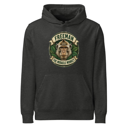 Hættetrøje med Freeman The Miracle Monkey badge med en abe i grønt i farven mørkegrå meleret, set forfra