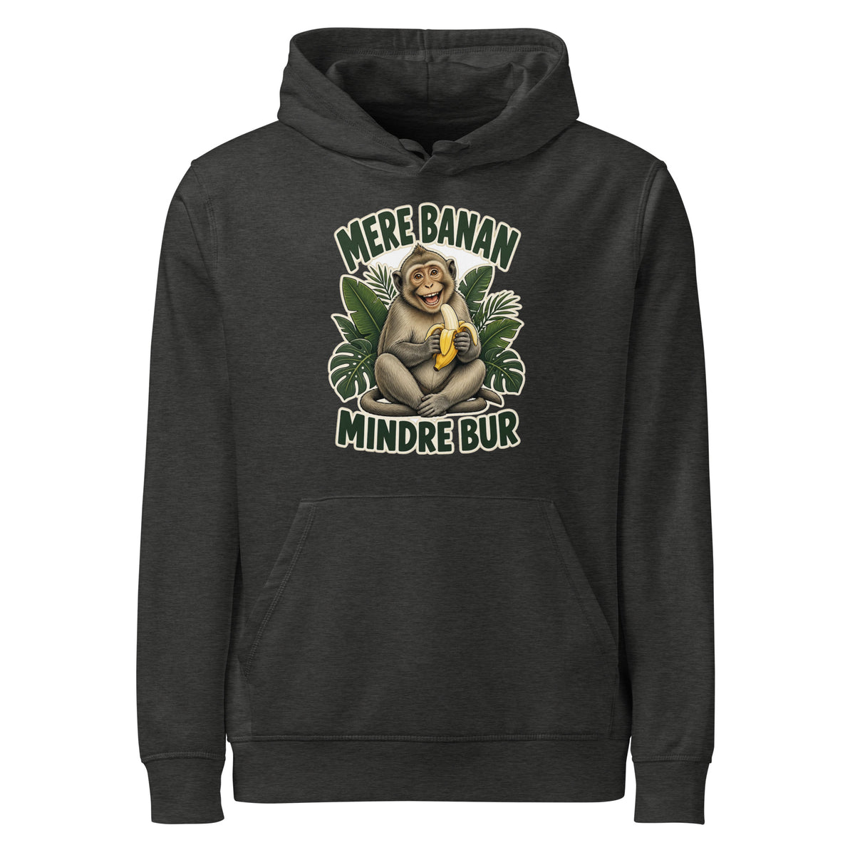 Hættetrøje med teksten Mere banan, mindre bur og en glad abe med en banan i farven mørkegrå meleret, set forfra