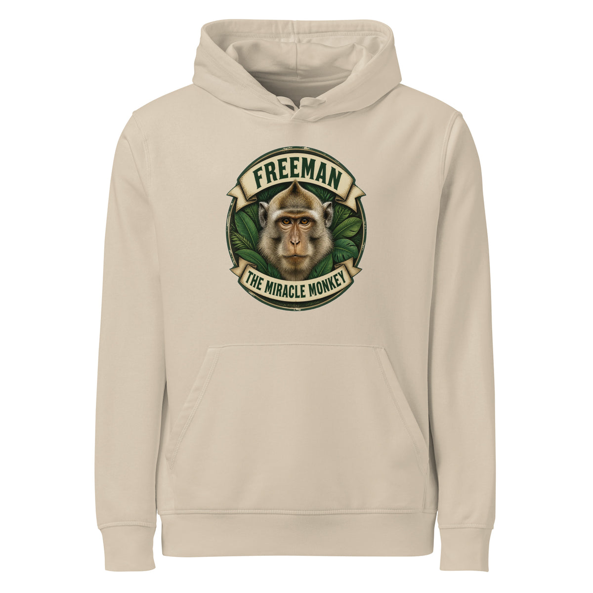 Hættetrøje med Freeman The Miracle Monkey badge med en abe i grønt i farven sand, set forfra