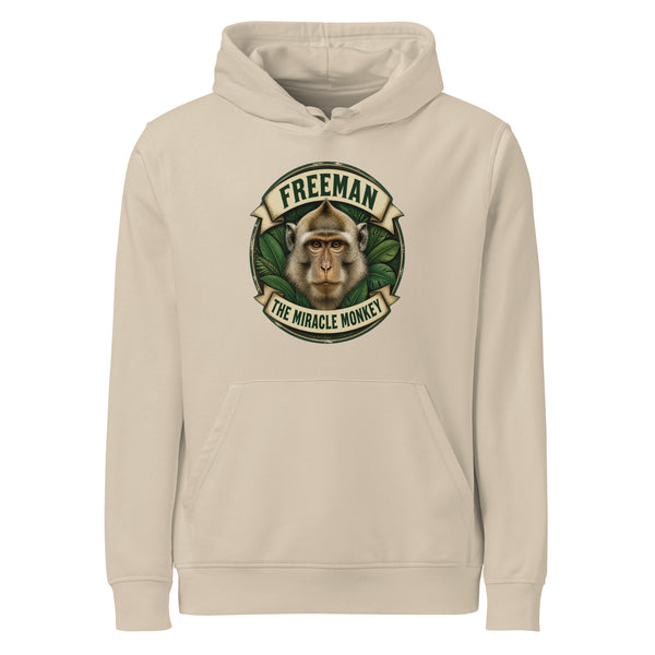 Hættetrøje med Freeman The Miracle Monkey badge med en abe i grønt i farven sand, set forfra