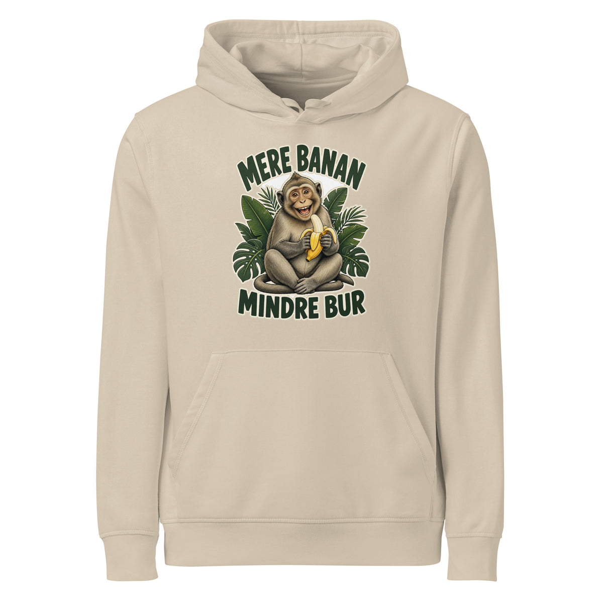 Hættetrøje med teksten Mere banan, mindre bur og en glad abe med en banan i farven sand, set forfra