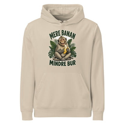 Hættetrøje med teksten Mere banan, mindre bur og en glad abe med en banan i farven sand, set forfra
