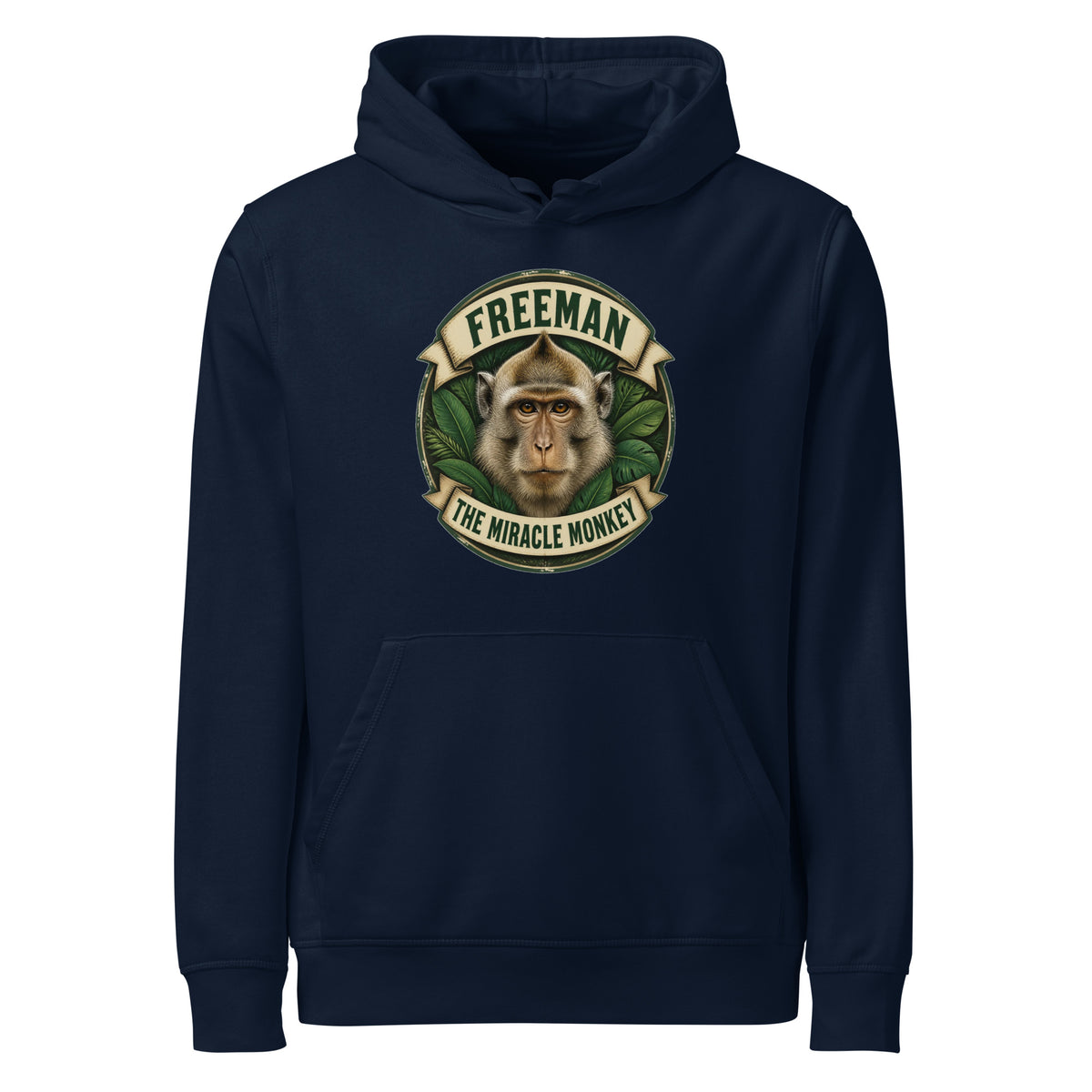 Hættetrøje med Freeman The Miracle Monkey badge med en abe i grønt i farven marineblå, set forfra