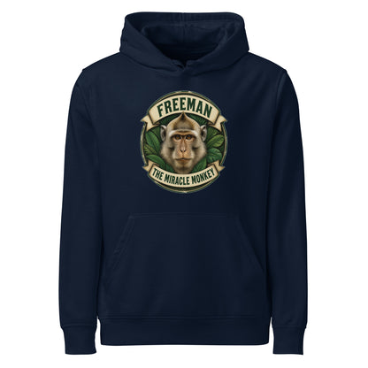 Hættetrøje med Freeman The Miracle Monkey badge med en abe i grønt i farven marineblå, set forfra