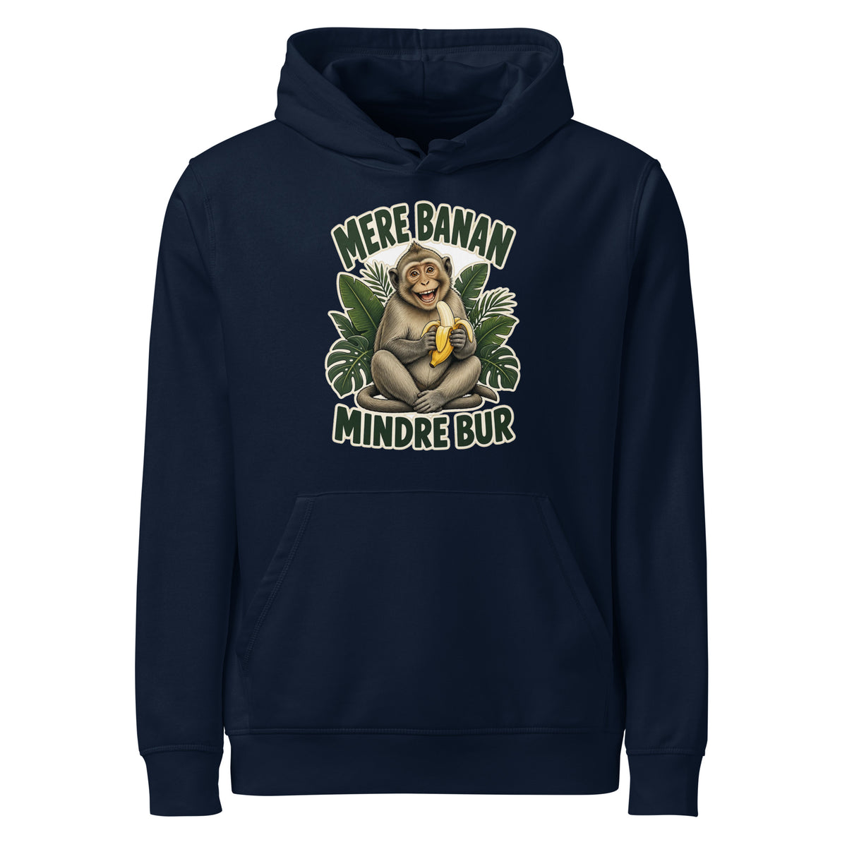 Hættetrøje med teksten Mere banan, mindre bur og en glad abe med en banan i farven marineblå, set forfra