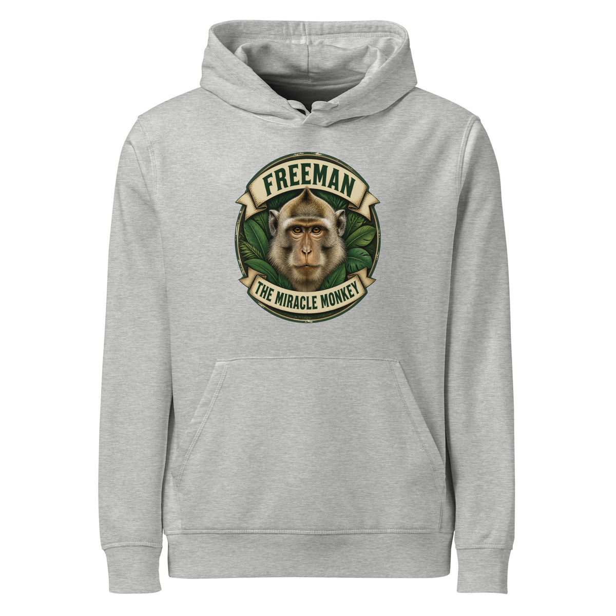 Hættetrøje med Freeman The Miracle Monkey badge med en abe i grønt i farven lysegrå meleret, set forfra