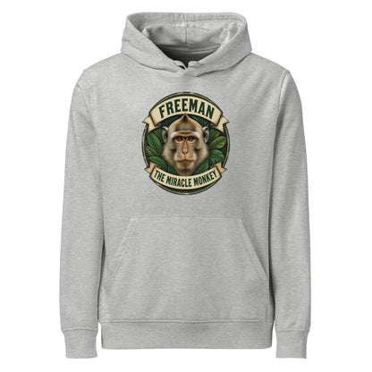 Hættetrøje med Freeman The Miracle Monkey badge med en abe i grønt i farven lysegrå meleret, set forfra