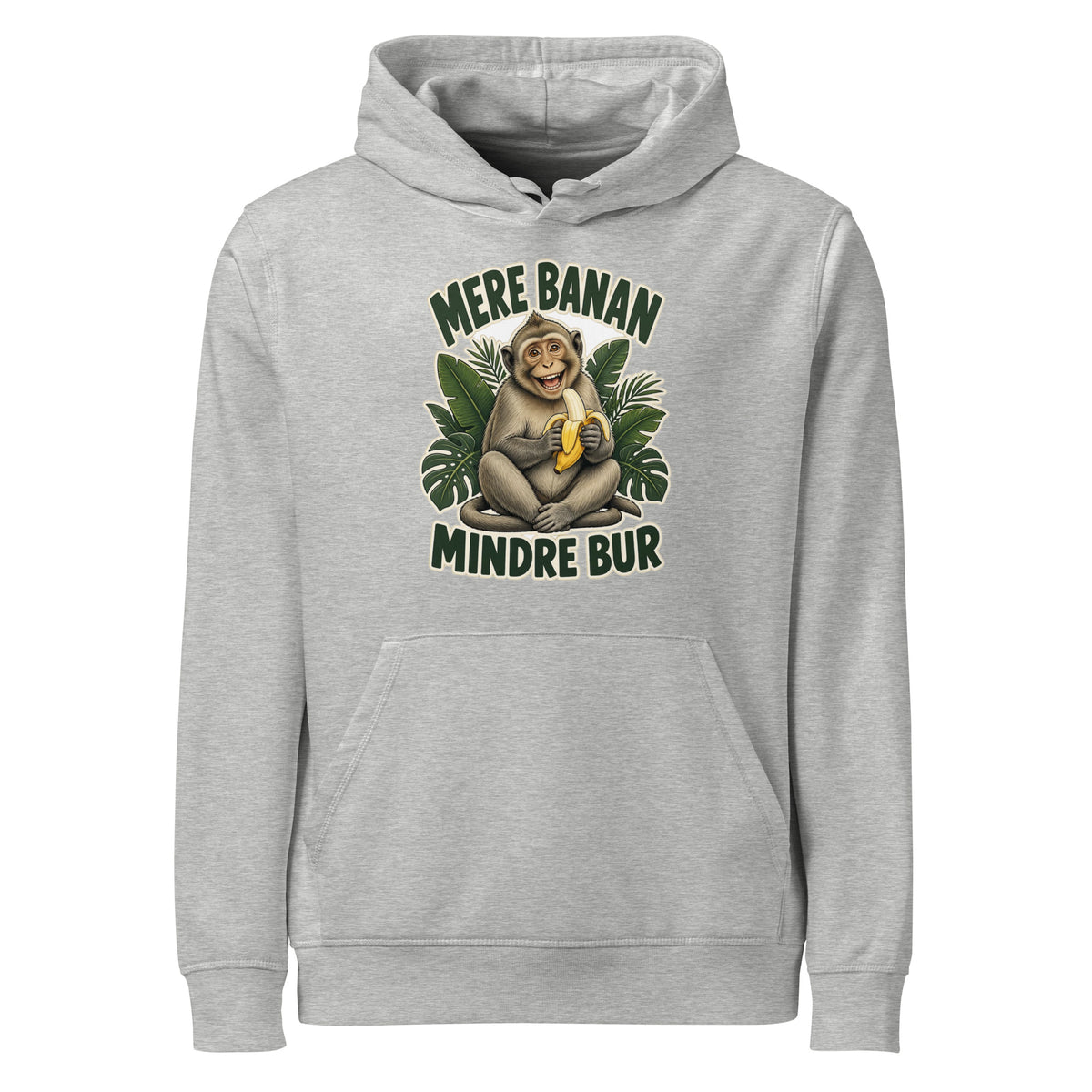 Hættetrøje med teksten Mere banan, mindre bur og en glad abe med en banan i farven lysegrå meleret, set forfra