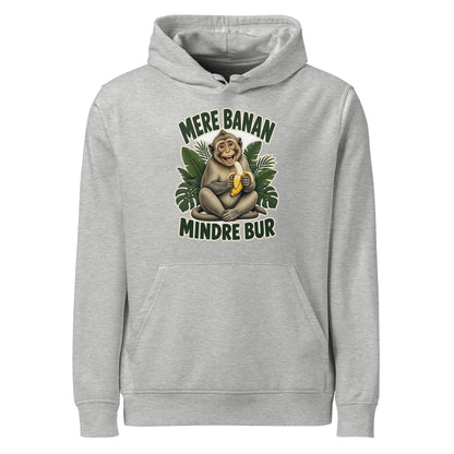 Hættetrøje med teksten Mere banan, mindre bur og en glad abe med en banan i farven lysegrå meleret, set forfra