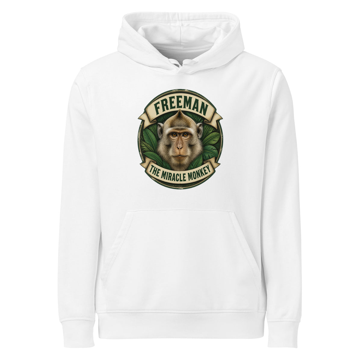 Hættetrøje med Freeman The Miracle Monkey badge med en abe i grønt i farven hvid, set forfra