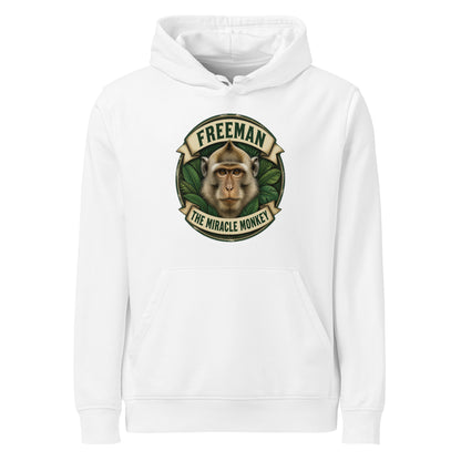 Hættetrøje med Freeman The Miracle Monkey badge med en abe i grønt i farven hvid, set forfra