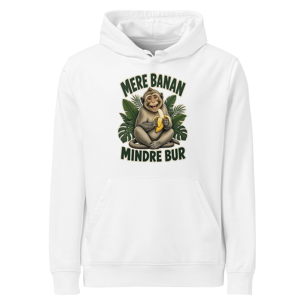 Hættetrøje med teksten Mere banan, mindre bur og en glad abe med en banan i farven hvid, set forfra