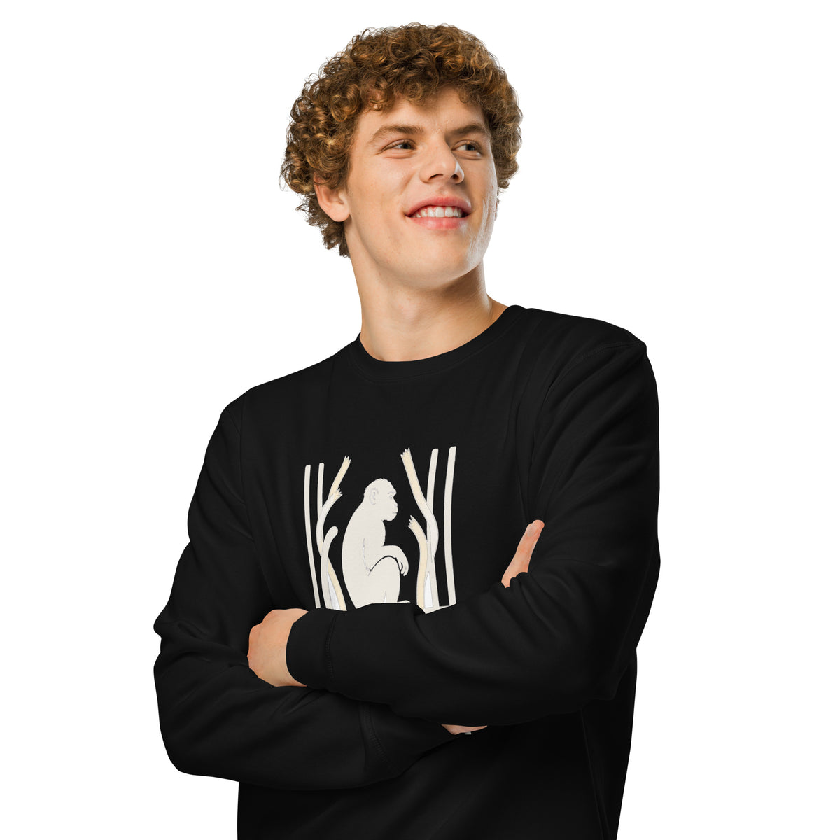 Sweatshirt med teksten Intet bur er stort nok og en abe bag tremmer i farven sort, båret af en ung mand