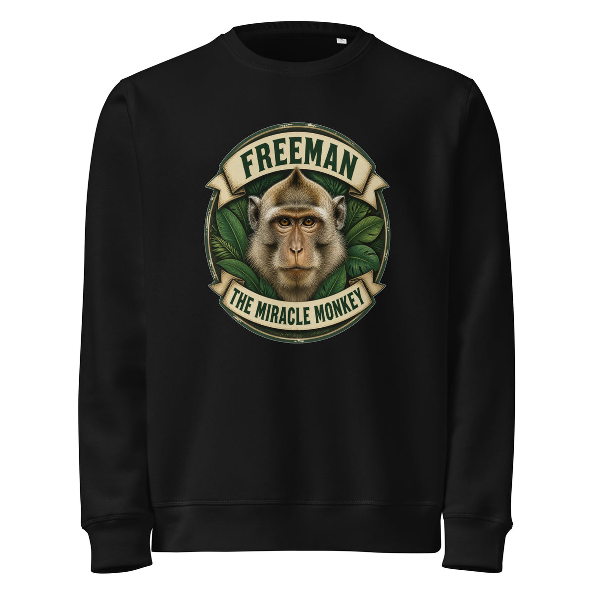 Sweatshirt med Freeman The Miracle Monkey badge med en abe i grønt i farven sort, set forfra