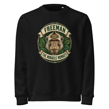 Sweatshirt med Freeman The Miracle Monkey badge med en abe i grønt i farven sort, set forfra