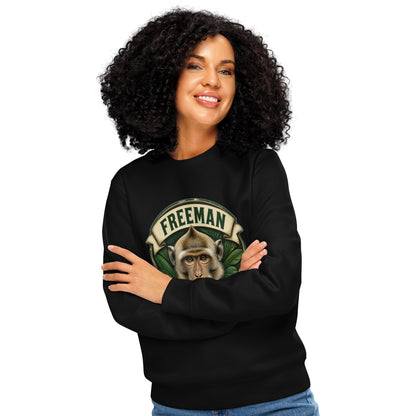 Sweatshirt med Freeman The Miracle Monkey badge med en abe i grønt i farven sort, båret af en ung kvinde