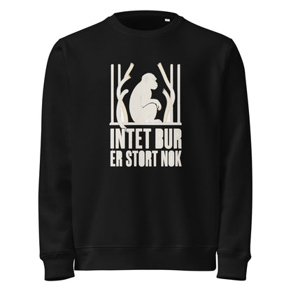 Sweatshirt med teksten Intet bur er stort nok og en abe bag tremmer i farven sort, set forfra