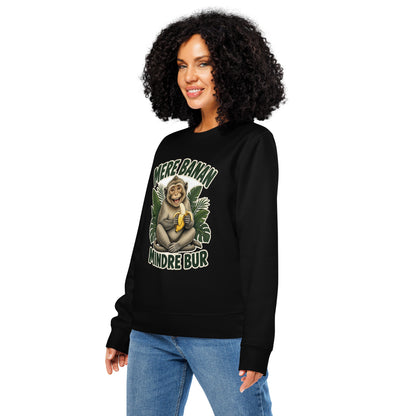 Sweatshirt med teksten Mere banan, mindre bur og en glad abe med en banan i farven sort, båret af en ung kvinde, set skråt