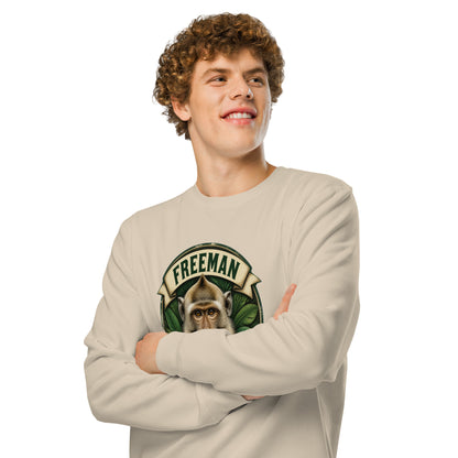 Sweatshirt med Freeman The Miracle Monkey badge med en abe i grønt i farven sand, båret af en ung mand