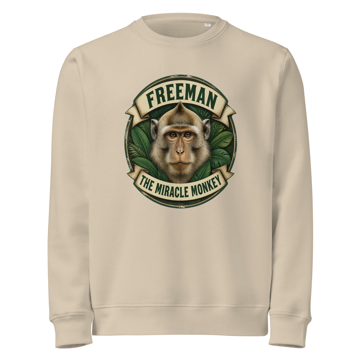 Sweatshirt med Freeman The Miracle Monkey badge med en abe i grønt i farven sand, set forfra