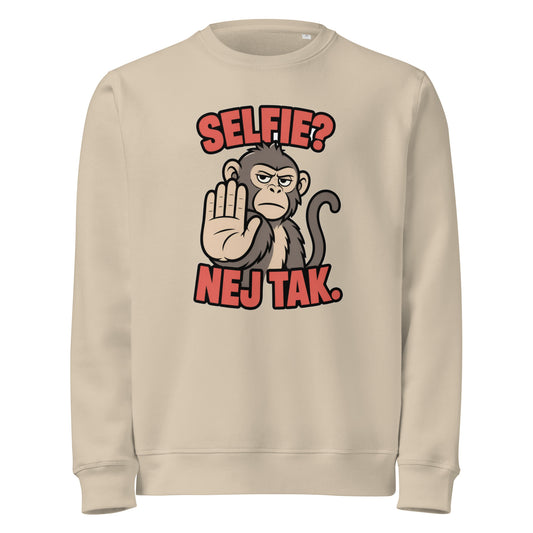 Sweatshirt med teksten Selfie? Nej tak og en abe der holder hånden op i farven sand, set forfra