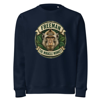 Sweatshirt med Freeman The Miracle Monkey badge med en abe i grønt i farven marineblå, set forfra