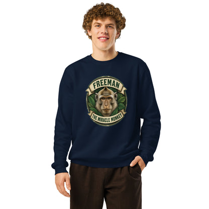 Sweatshirt med Freeman The Miracle Monkey badge med en abe i grønt i farven marineblå, båret af en ung mand