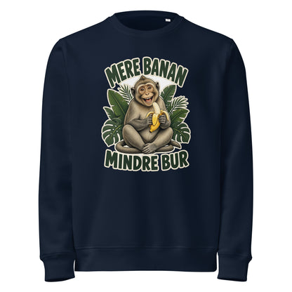 Sweatshirt med teksten Mere banan, mindre bur og en glad abe med en banan i farven marineblå, set forfra