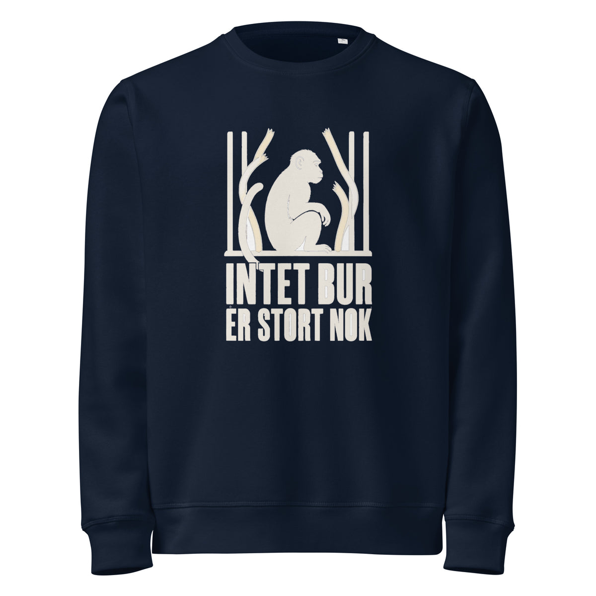 Sweatshirt med teksten Intet bur er stort nok og en abe bag tremmer i farven marineblå, set forfra