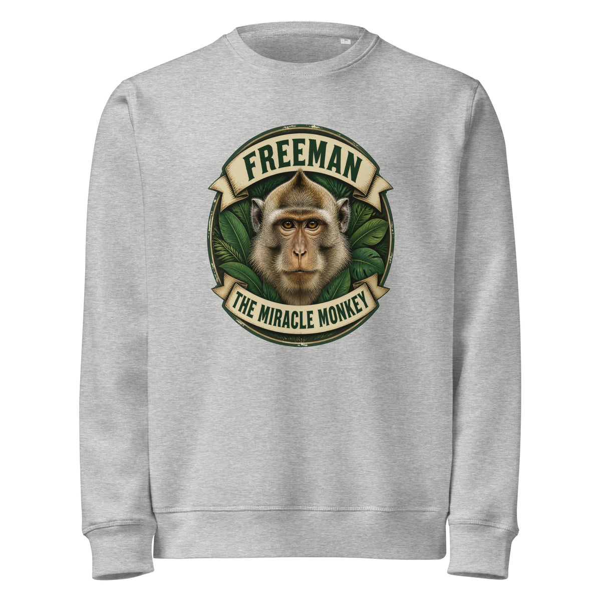 Sweatshirt med Freeman The Miracle Monkey badge med en abe i grønt i farven lysegrå meleret, set forfra