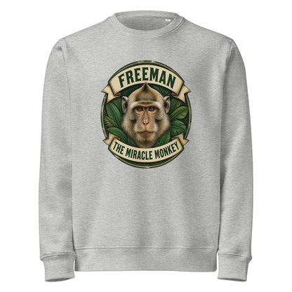 Sweatshirt med Freeman The Miracle Monkey badge med en abe i grønt i farven lysegrå meleret, set forfra