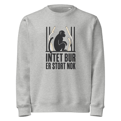 Sweatshirt med teksten Intet bur er stort nok og en abe bag tremmer i farven lysegrå meleret, set forfra
