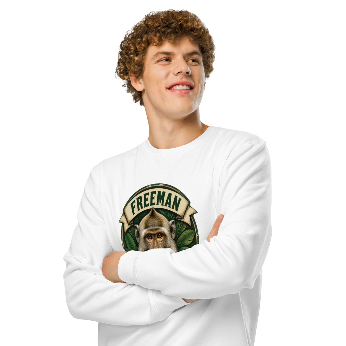 Sweatshirt med Freeman The Miracle Monkey badge med en abe i grønt i farven hvid, båret af en ung mand