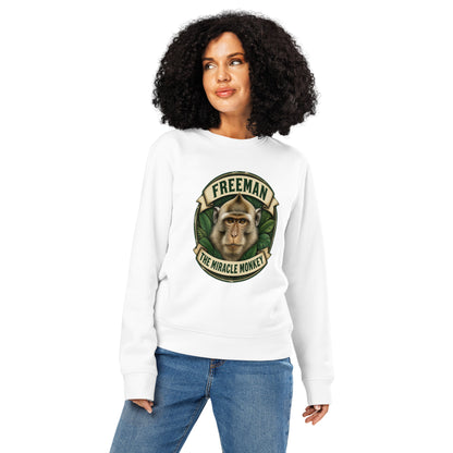 Sweatshirt med Freeman The Miracle Monkey badge med en abe i grønt i farven hvid, båret af en ung kvinde