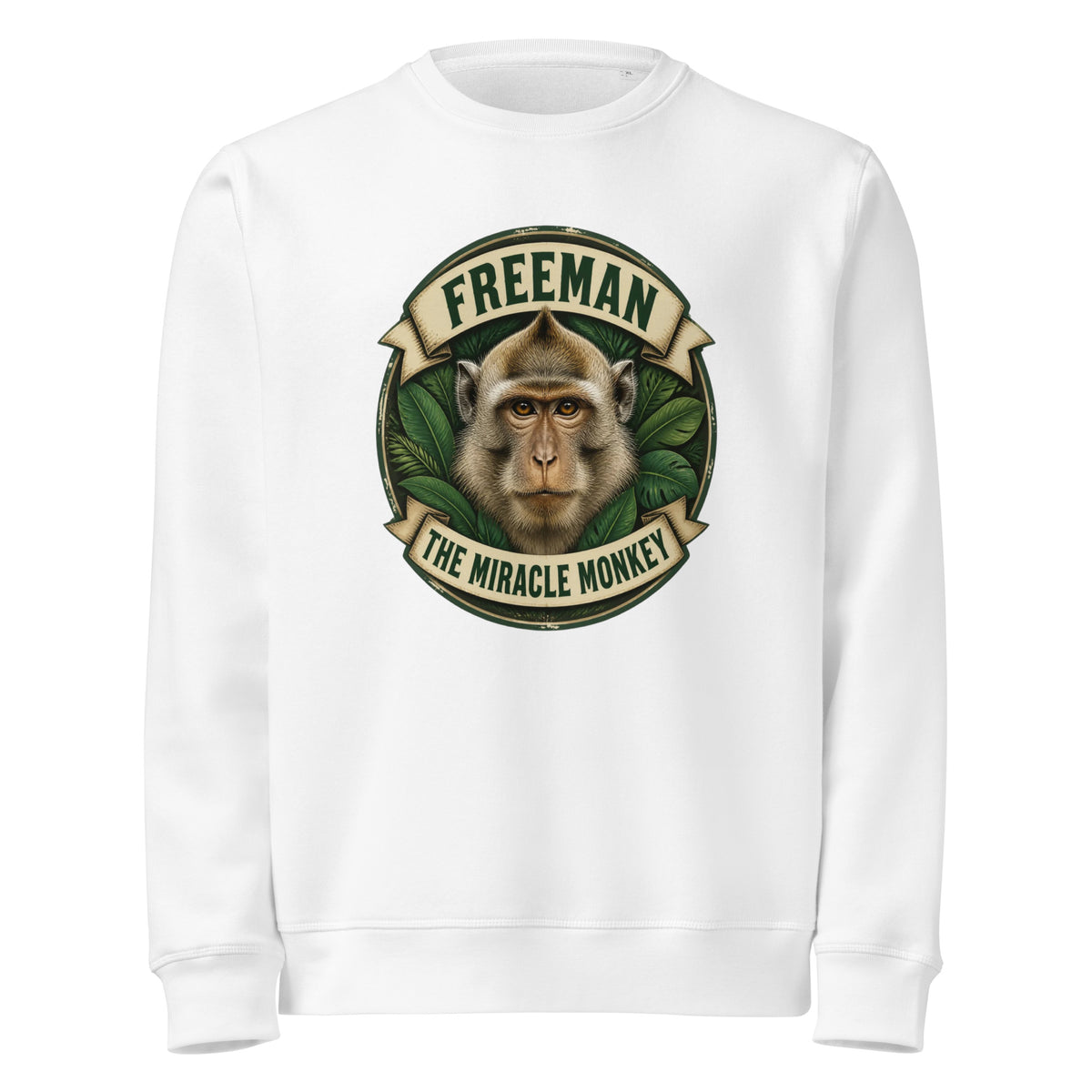 Sweatshirt med Freeman The Miracle Monkey badge med en abe i grønt i farven hvid, set forfra